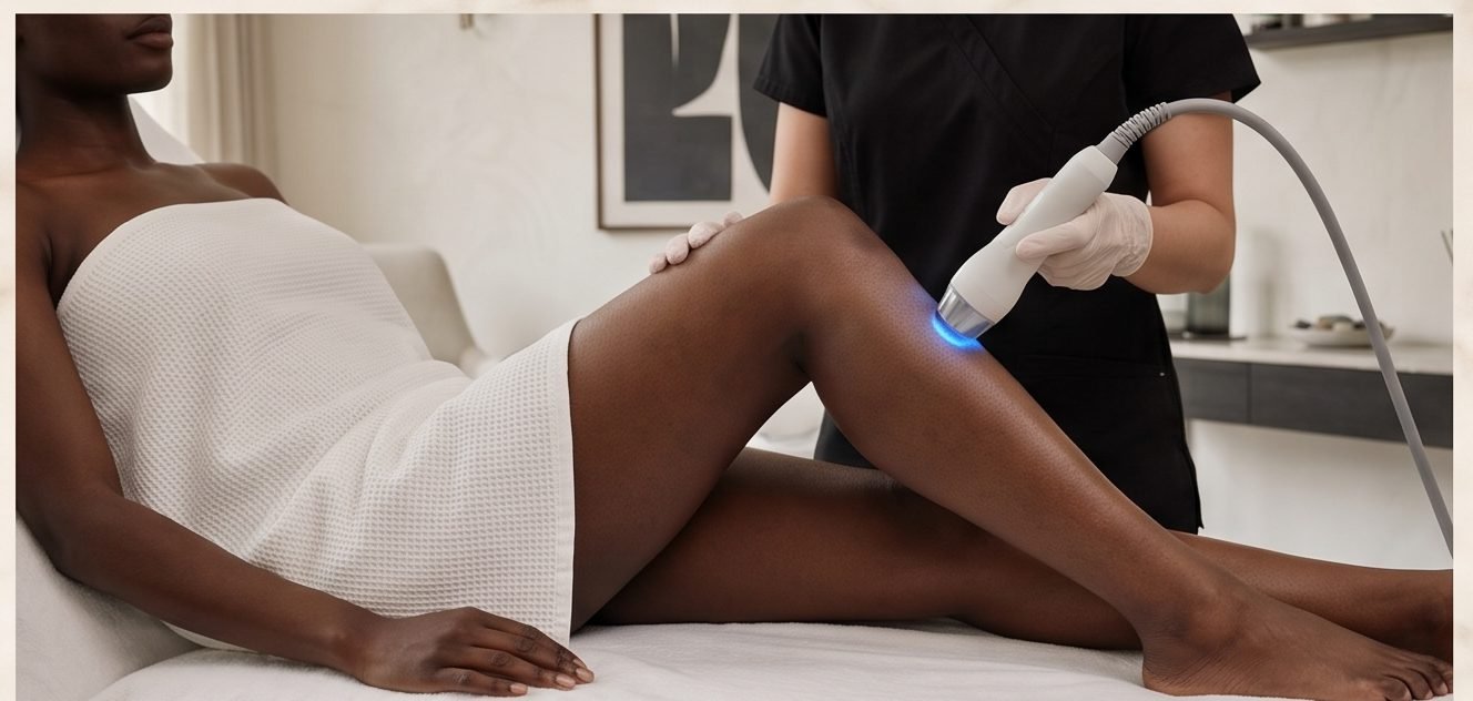 Séance de laser sur une jambe, peau foncée
