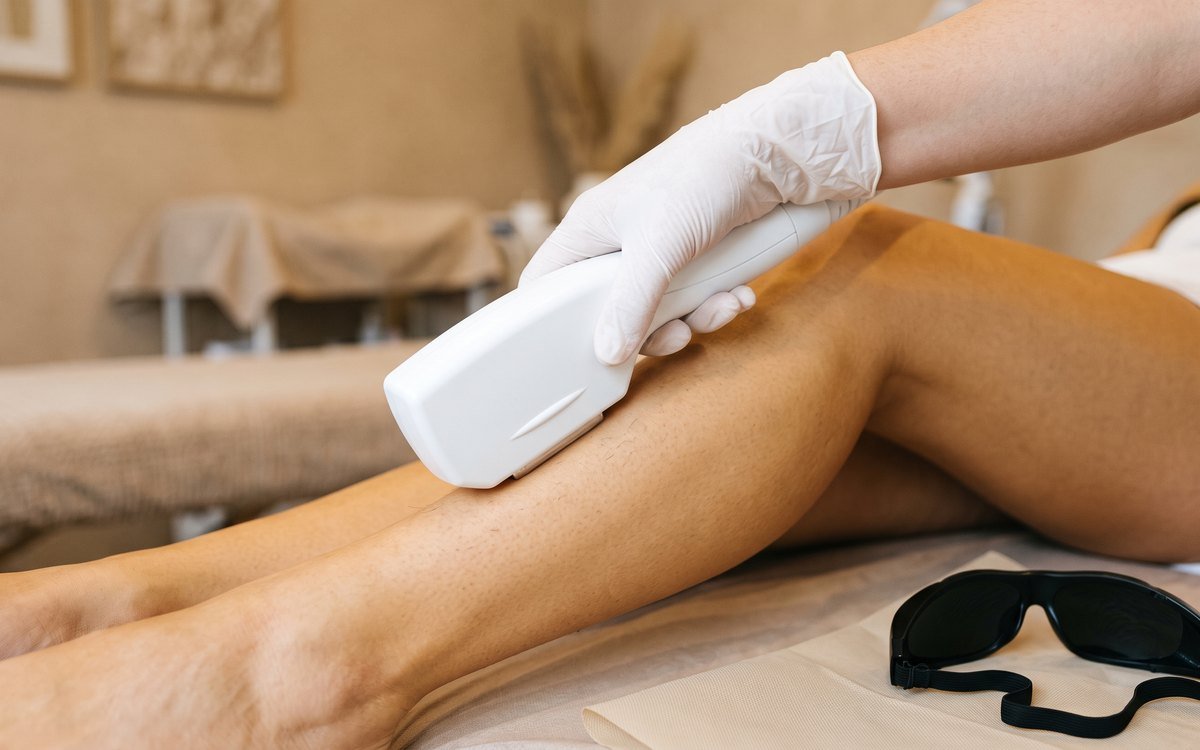 Pièce à main du laser appliquée sur une jambe, lunettes de protection