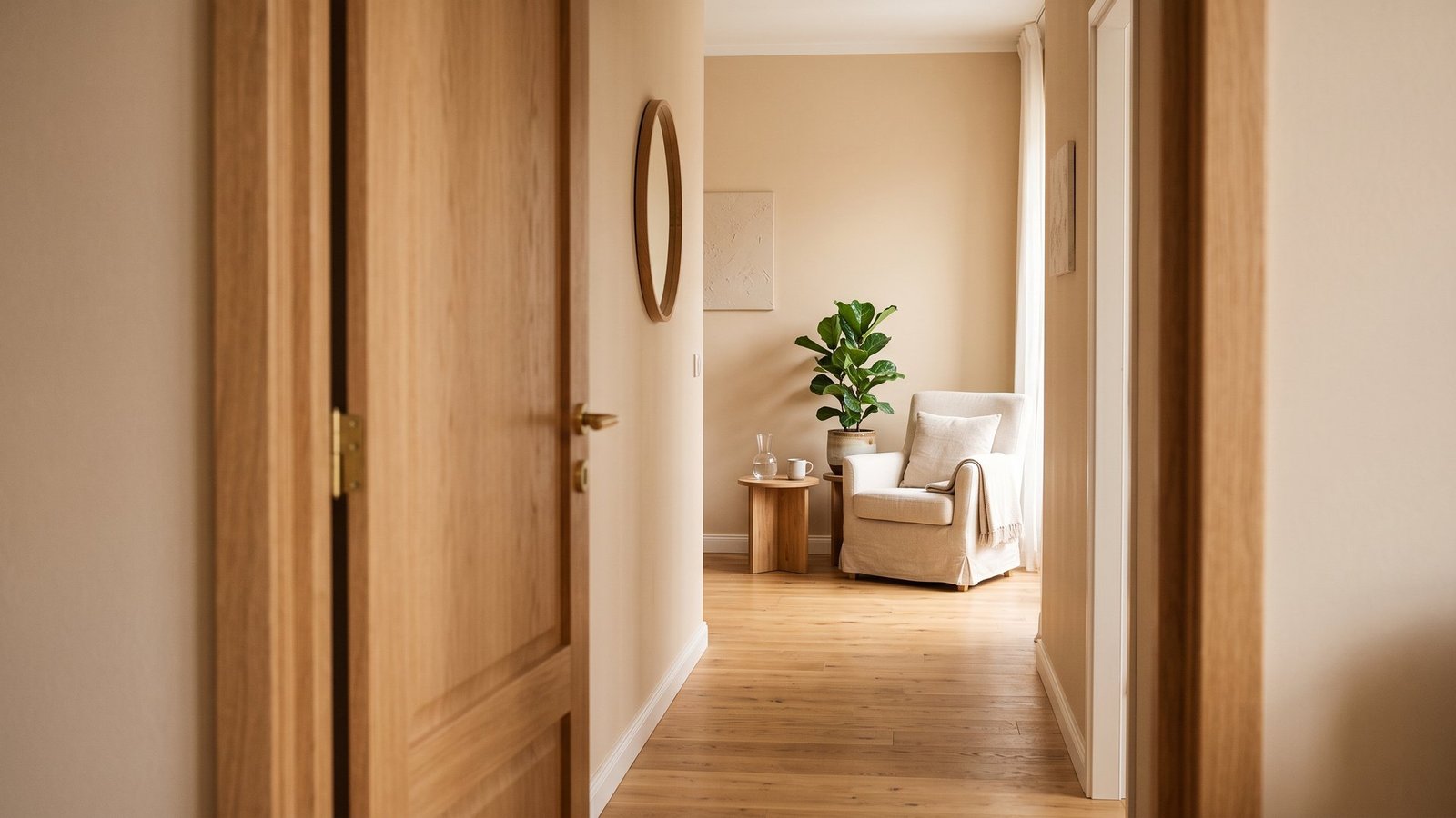 Couloir du cabinet ouvrant sur un fauteuil de lin