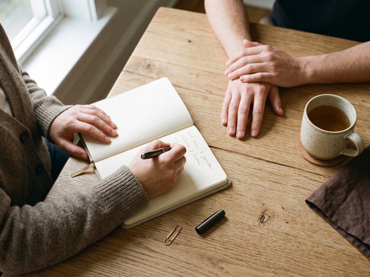 Mains sur une table de consultation, carnet ouvert