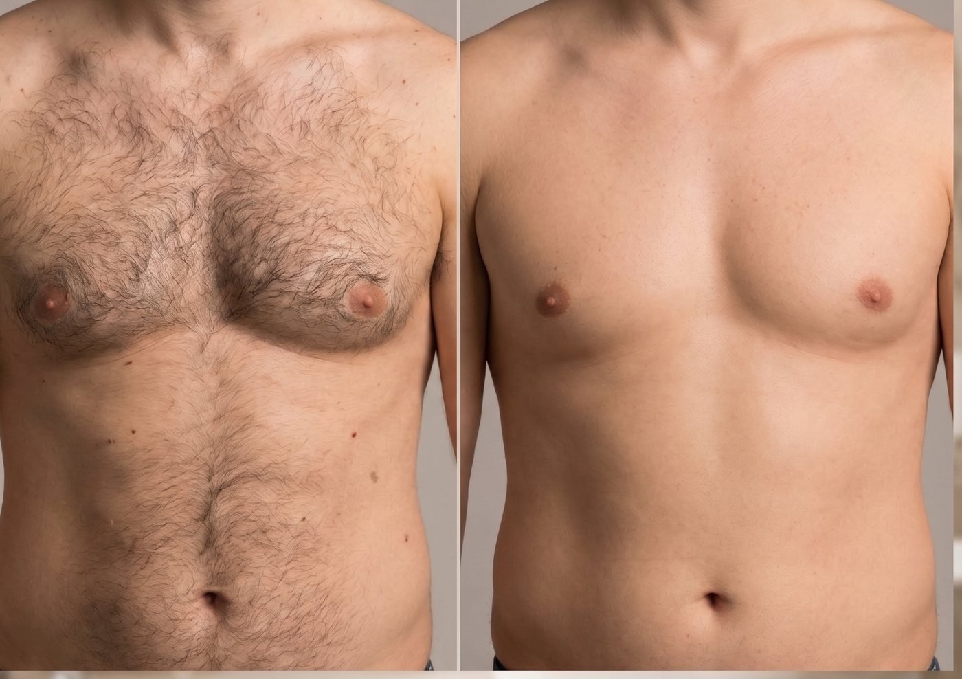 Torse masculin avant et après un parcours d’épilation définitive