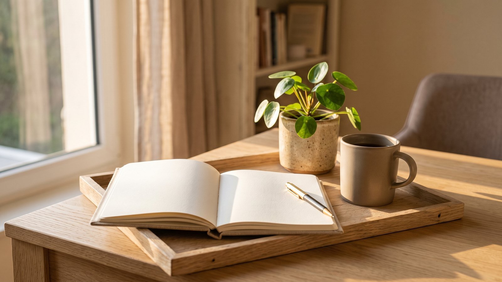 Carnet ouvert, stylo et tasse sur un plateau de bois clair