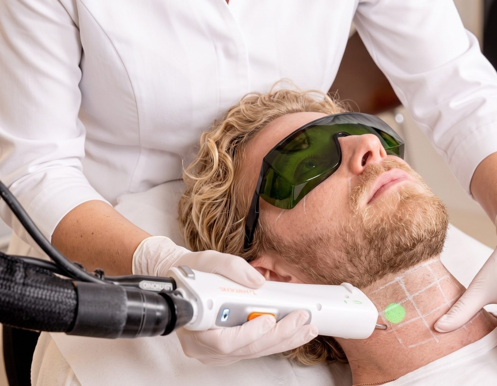 Séance laser sur le cou et le bas de barbe, lunettes de protection