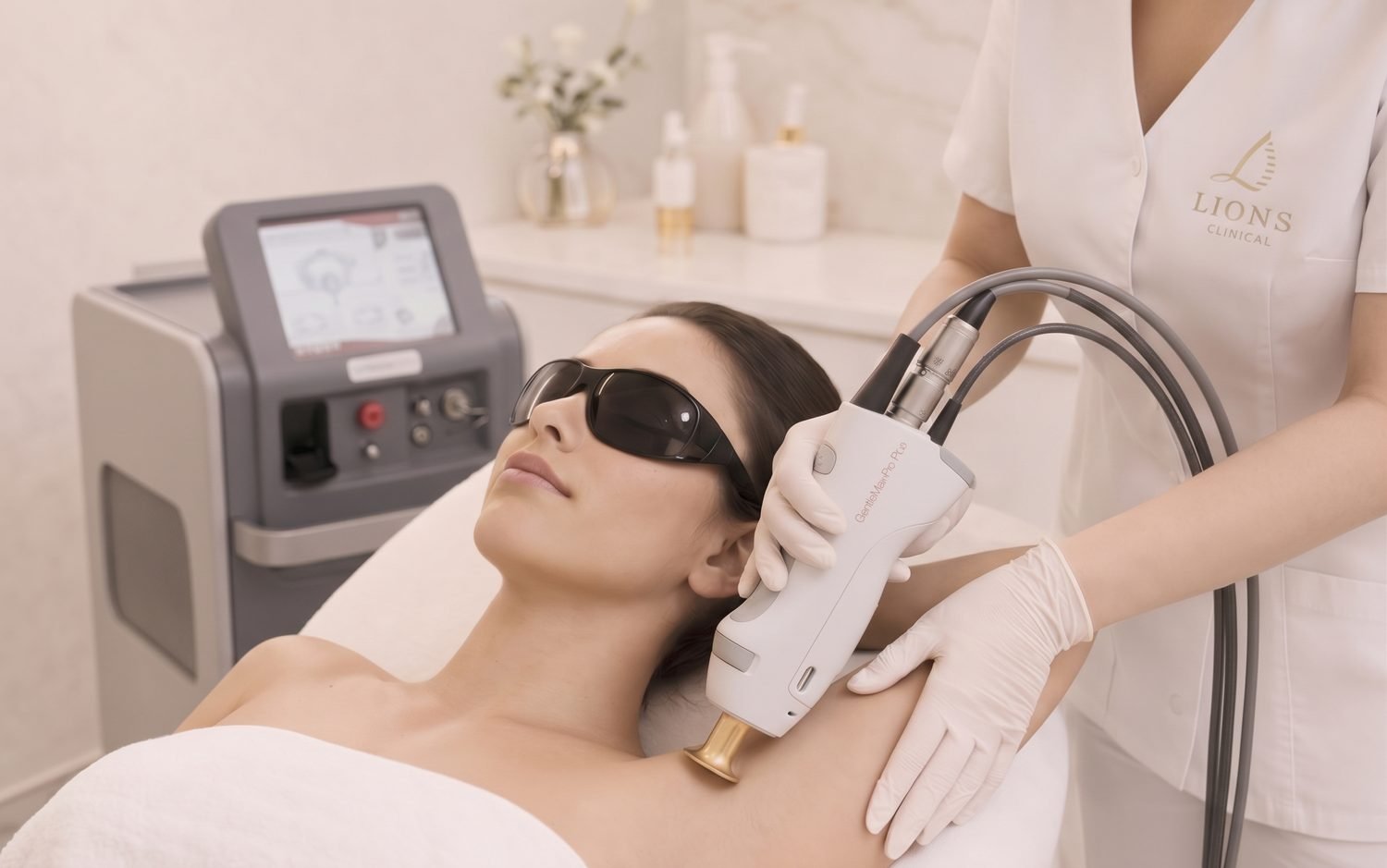 Séance de laser sur le visage, lunettes de protection